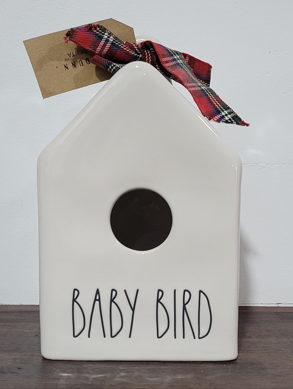 Rae Dunn Baby Bird Ceramic Birdhouse - Cream with Plaid Bow